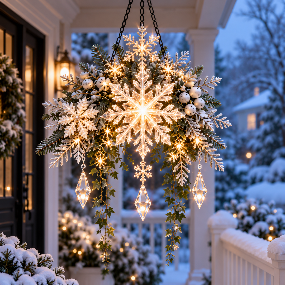 Pre-Lit Snowflake Frosted Greenery Hanging Porch Decor