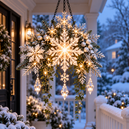 Snowfall Star Glow™ – Pre-Lit Snowflake & Frosted Greenery Christmas Hanging Porch Decor