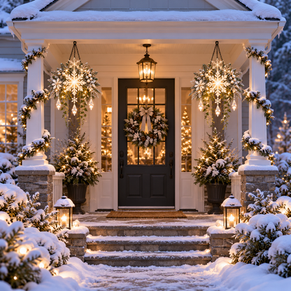 Snowfall Star Glow™ – Pre-Lit Snowflake & Frosted Greenery Christmas Hanging Porch Decor