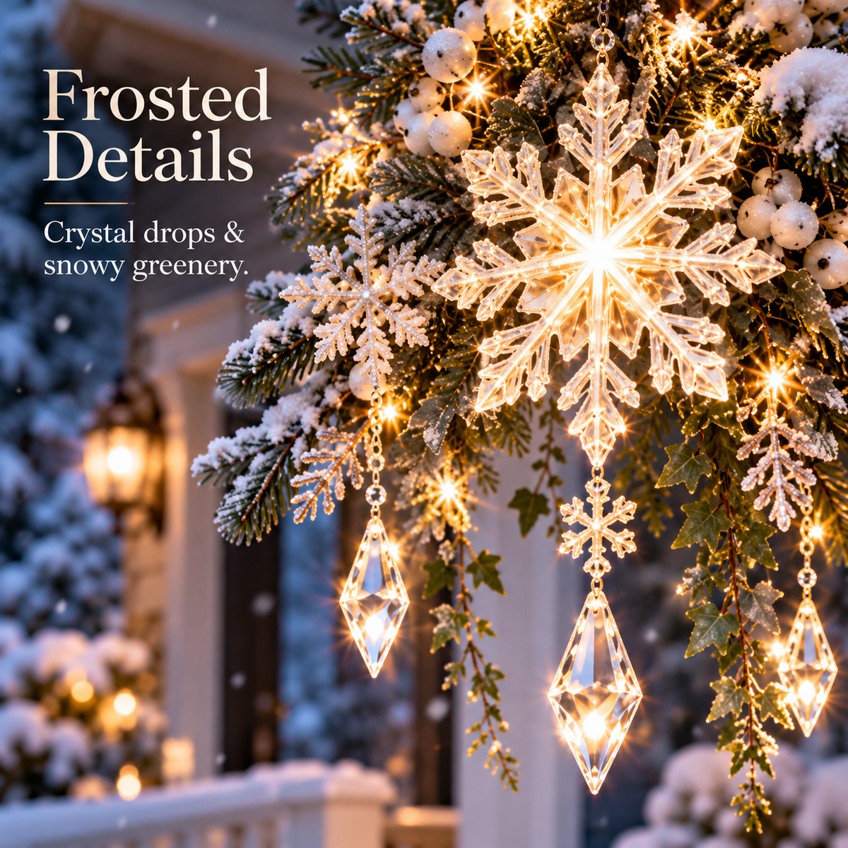 Snowfall Star Glow™ – Pre-Lit Snowflake & Frosted Greenery Christmas Hanging Porch Decor