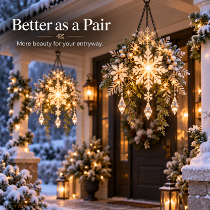 Snowfall Star Glow™ – Pre-Lit Snowflake & Frosted Greenery Christmas Hanging Porch Decor