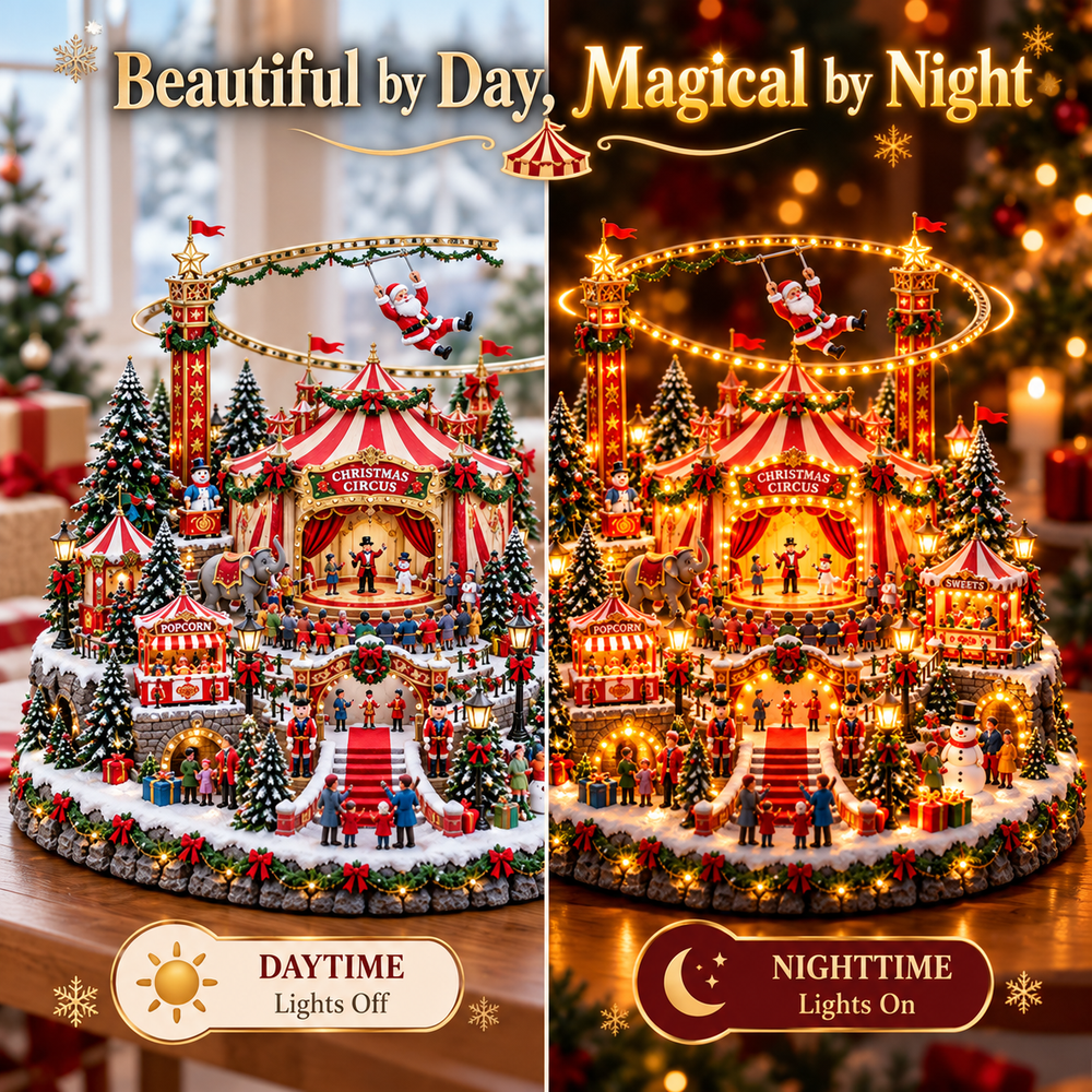 Christmas circus daytime and nighttime light comparison