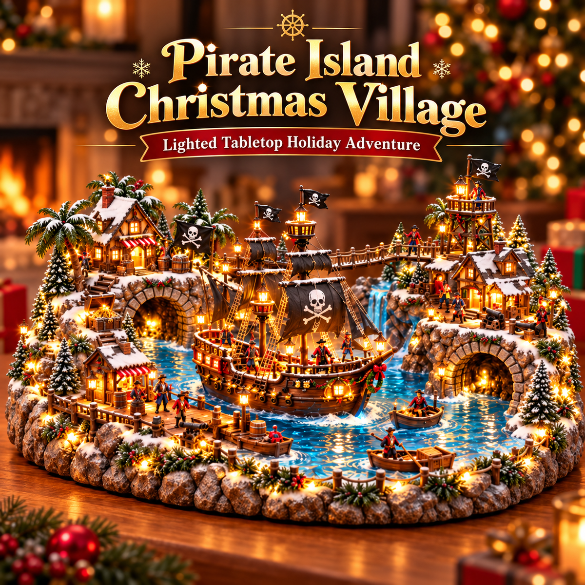 🏴‍☠️ LIMITED-TIME 50% OFF | Lighted Pirate Island Adventure Village – Moving Boat, Treasure Cove & Magical Tabletop Decor ✨