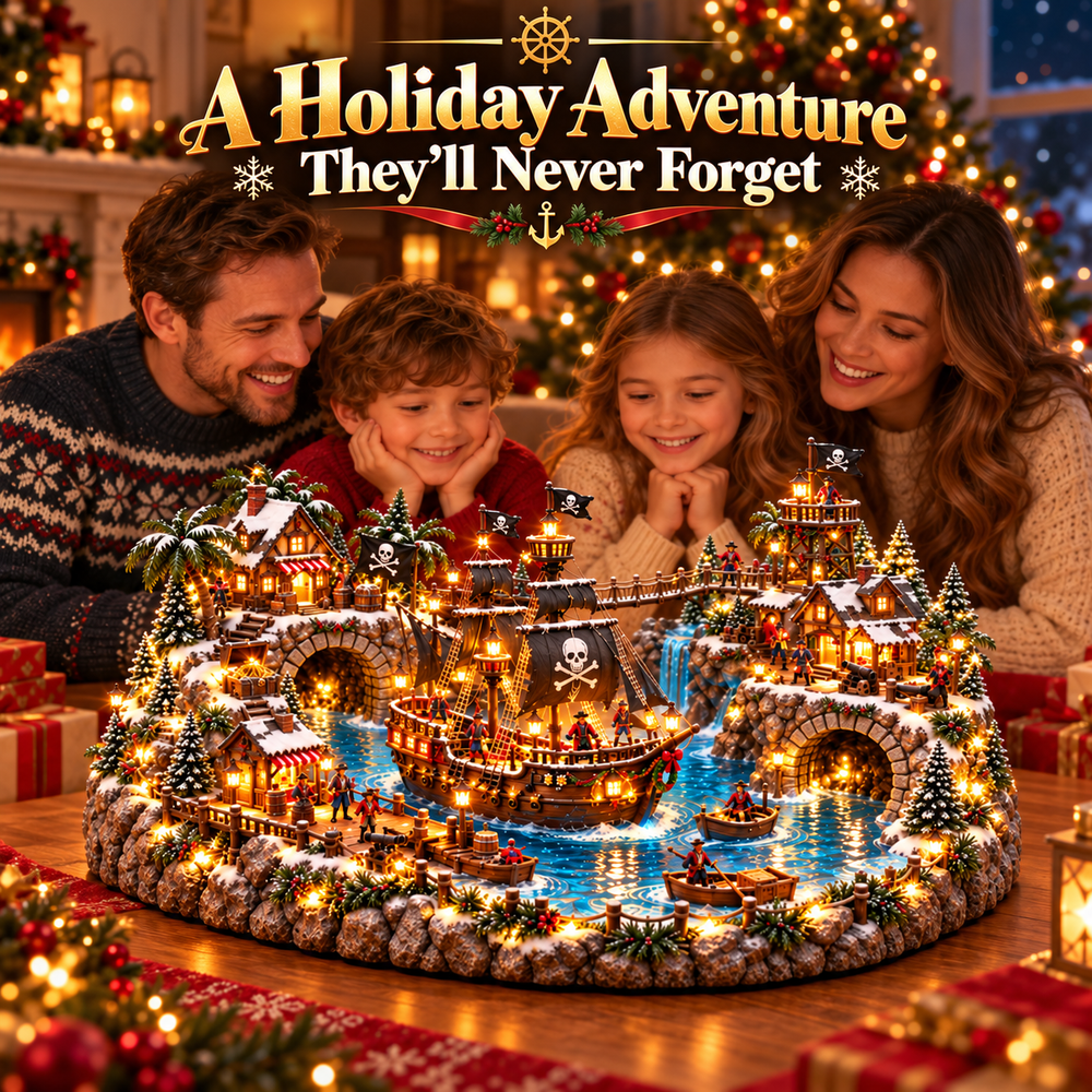 Family admiring pirate island Christmas village