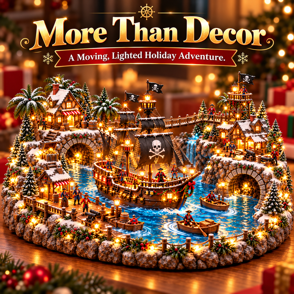 Illuminated pirate village with small boats and stone tunnels
