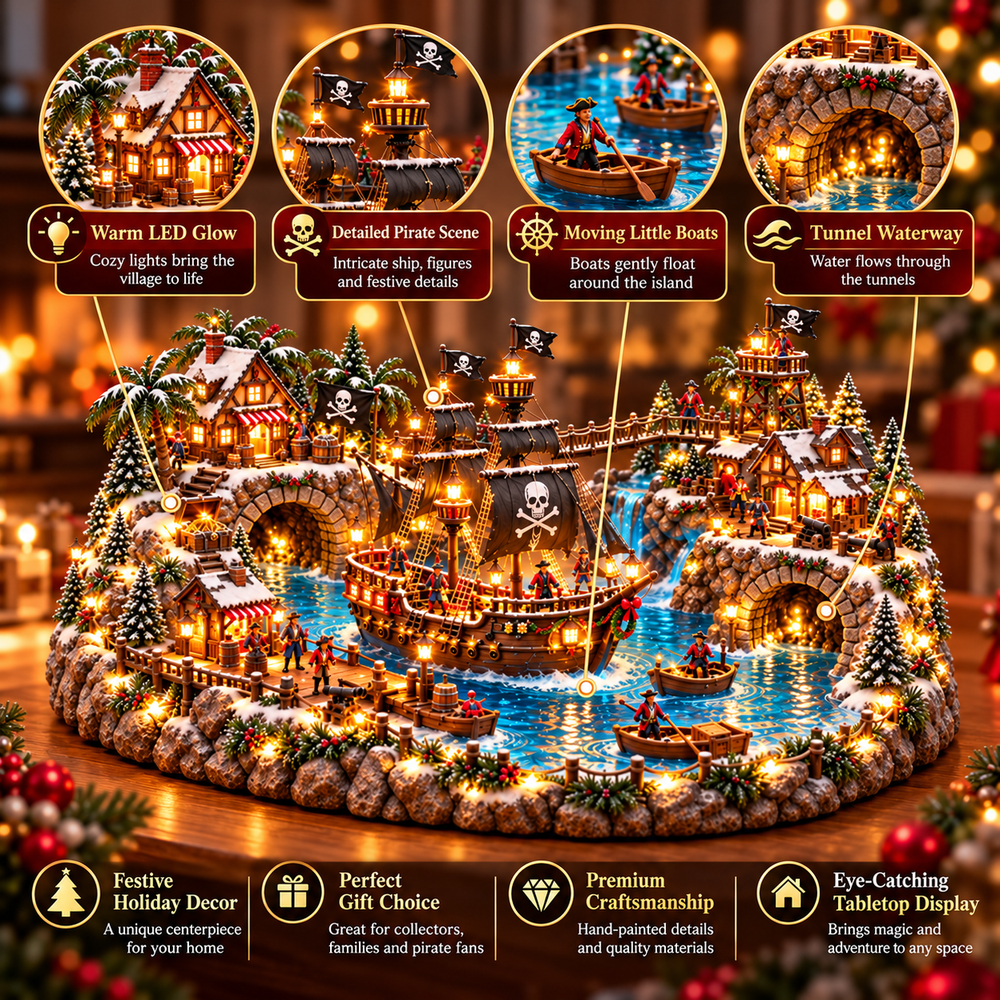 Close-up detail guide showing pirate ship, miniature boats, LED lights and tunnel waterway