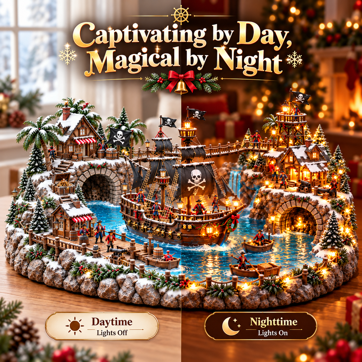 🏴‍☠️ LIMITED-TIME 50% OFF | Lighted Pirate Island Adventure Village – Moving Boat, Treasure Cove & Magical Tabletop Decor ✨