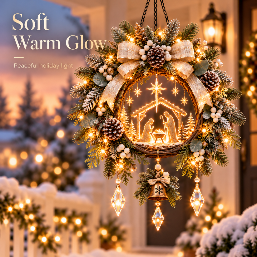 Warm glowing Nativity Christmas porch decoration