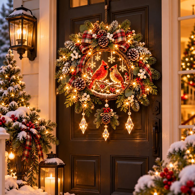 Pair of Cardinal Winter Glow hanging Christmas decorations