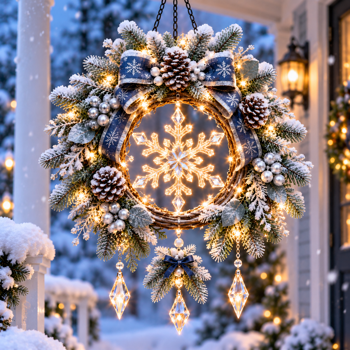 Frosted Snowflake Glow™ – Pre-Lit Winter Hanging Porch Wreath