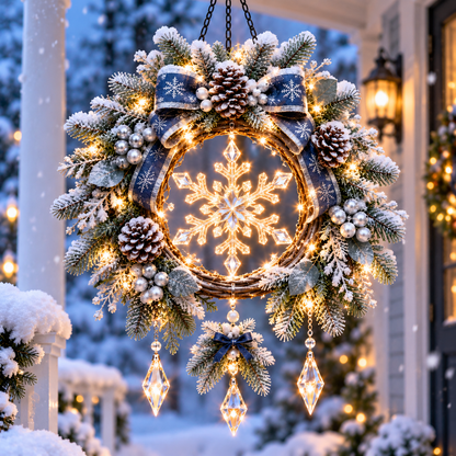 Frosted Snowflake Glow™ – Pre-Lit Winter Hanging Porch Wreath