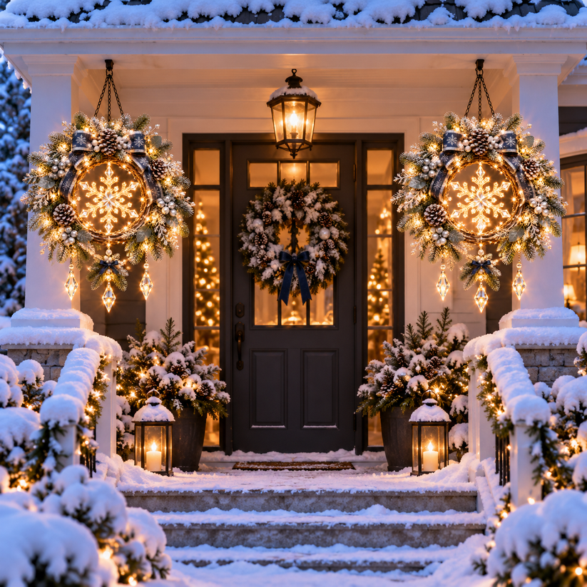 Illuminated snowflake hanging Christmas wreath
