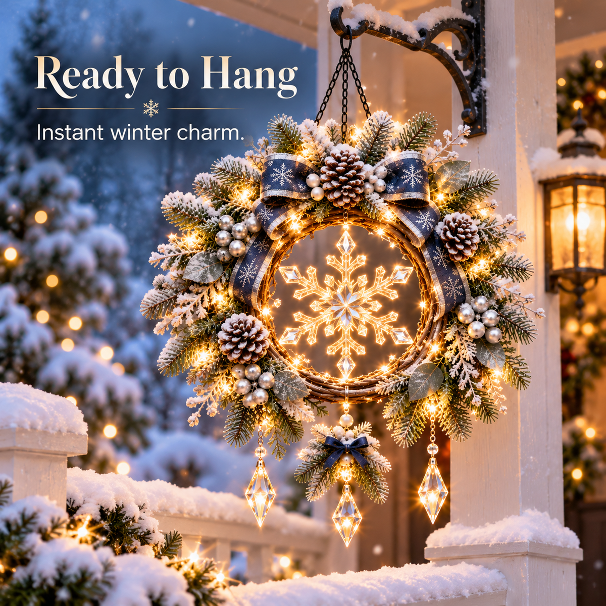 Frosted Snowflake Glow™ – Pre-Lit Winter Hanging Porch Wreath
