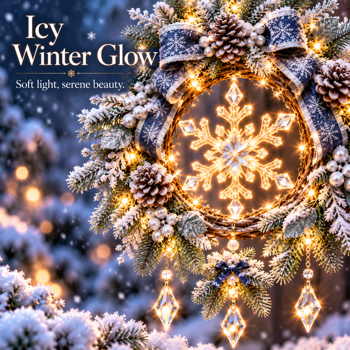 Frosted Snowflake Glow™ – Pre-Lit Winter Hanging Porch Wreath