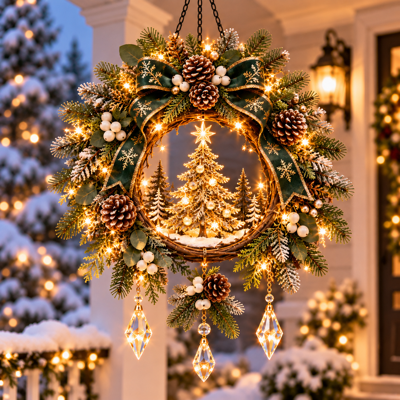 Evergreen Starlight Glow Christmas Hanging Porch Wreath