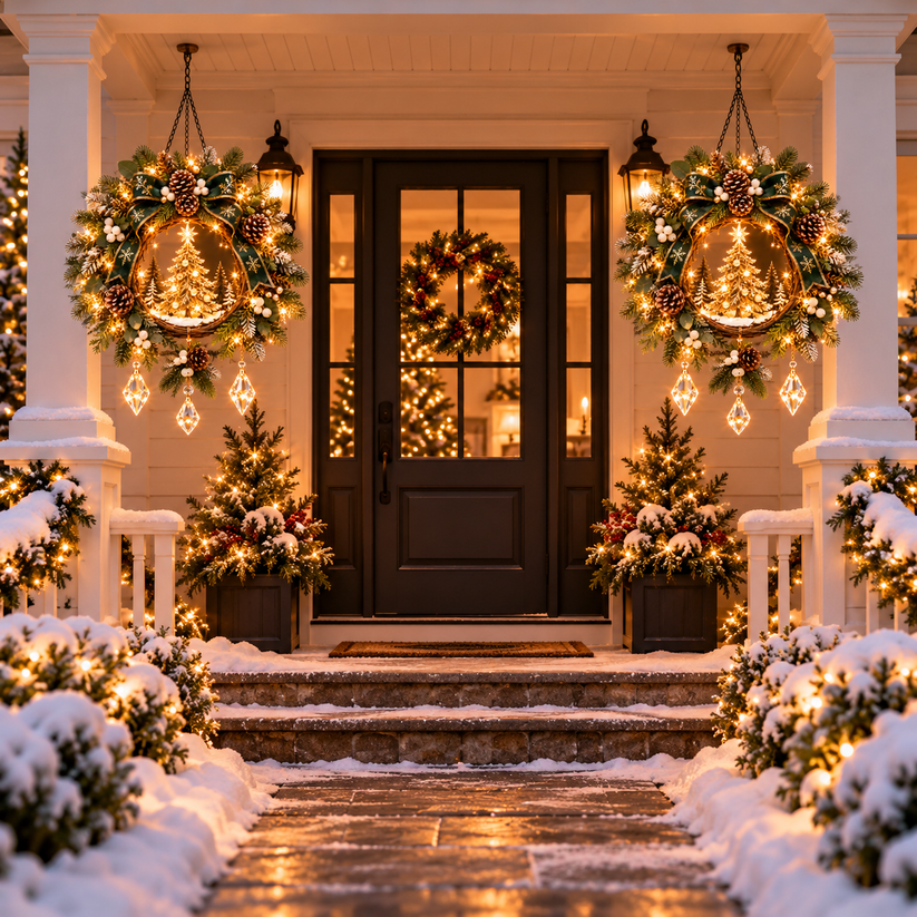 Warm glowing Christmas porch wreath