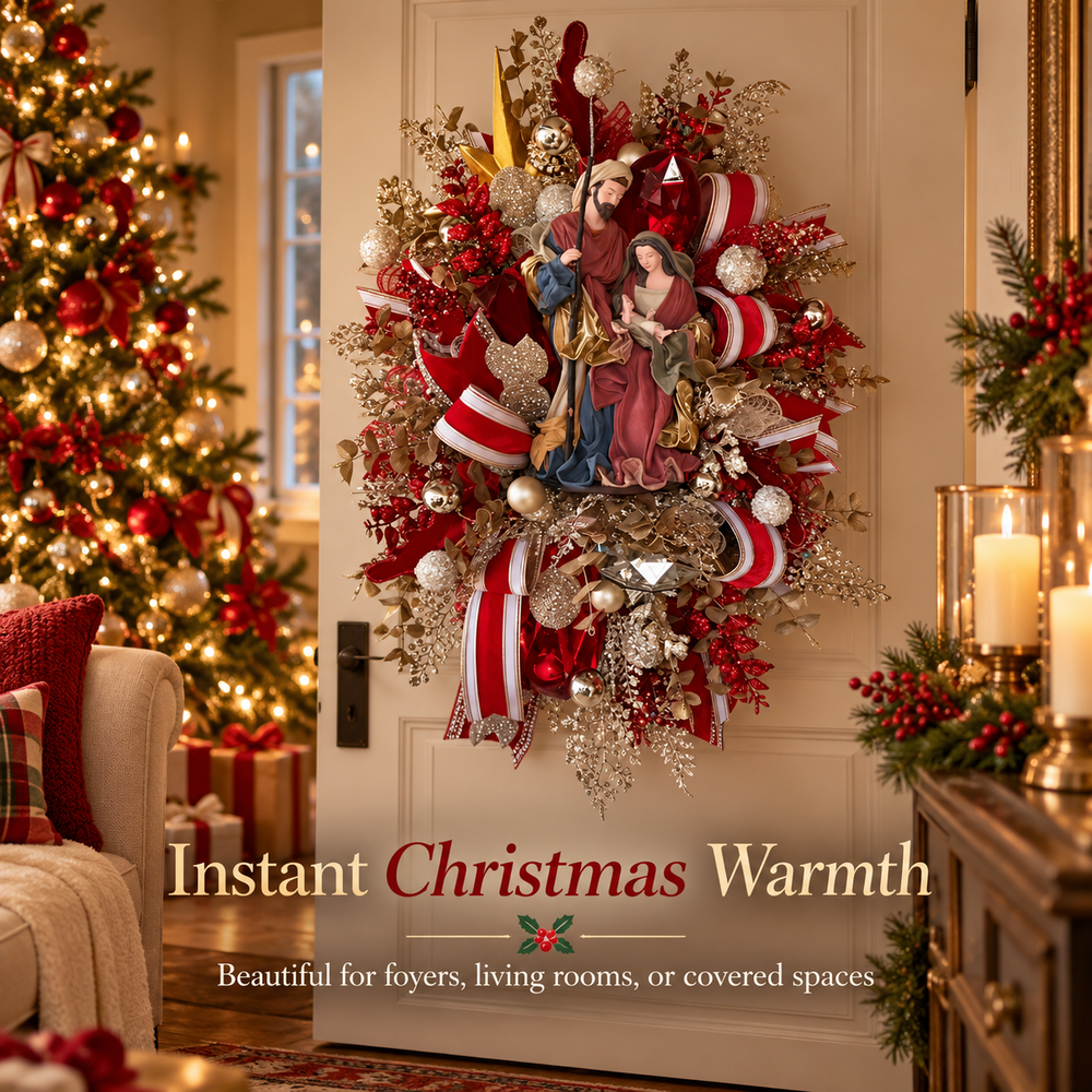 Holy Family Christmas wreath decorating a cozy home