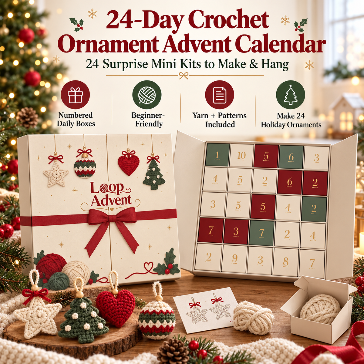 🎄 24-Day Crochet Christmas Advent Calendar™ – 24 Surprise DIY Ornament Kits to Make & Hang 🧶