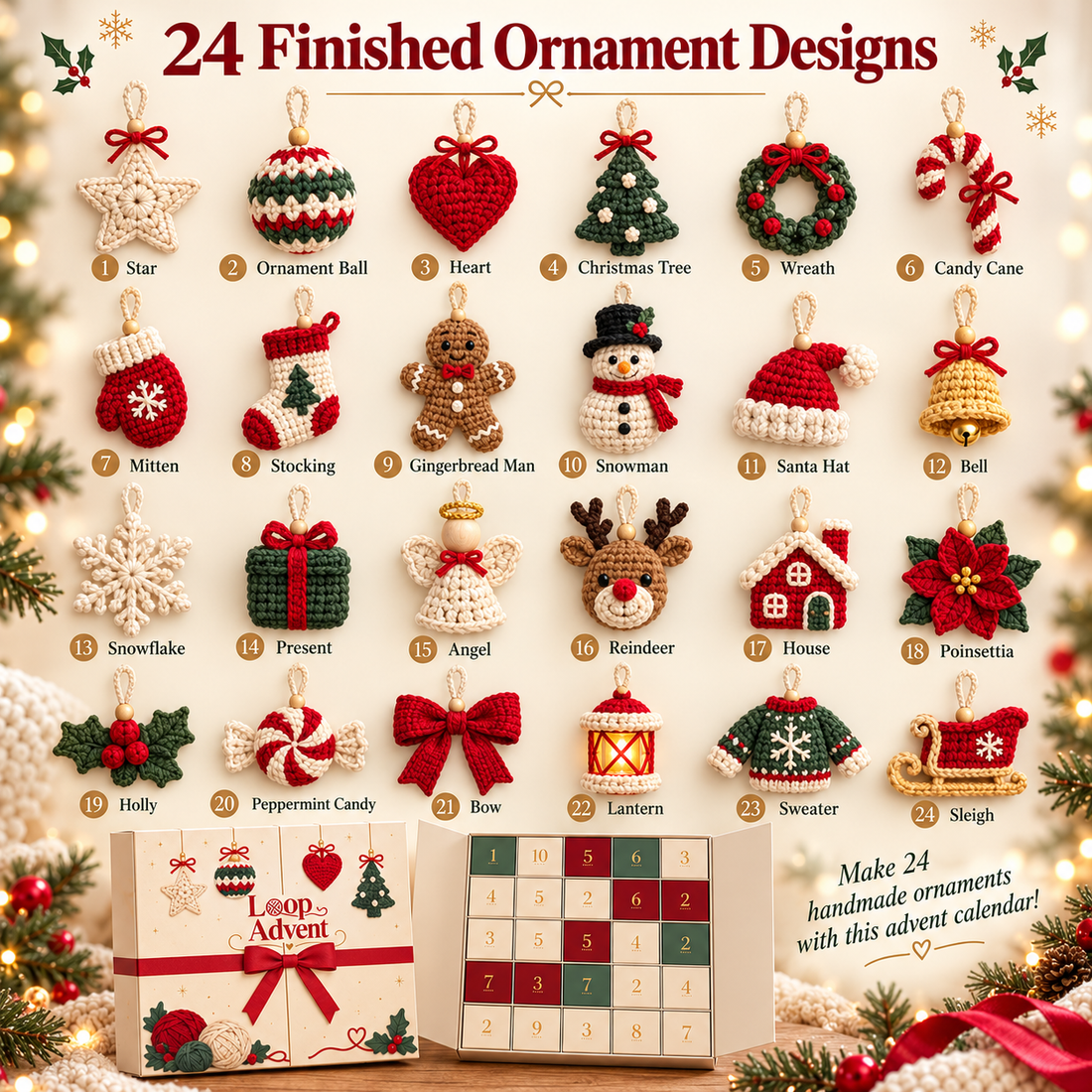 Collection of 24 crochet Christmas ornament designs including snowman, gingerbread, tree, Santa hat, angel and reindeer