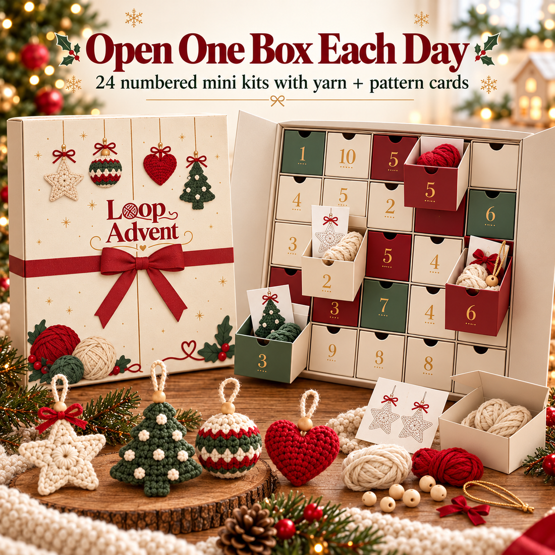 Opened numbered Advent Calendar compartments containing miniature yarn packs and crochet project cards