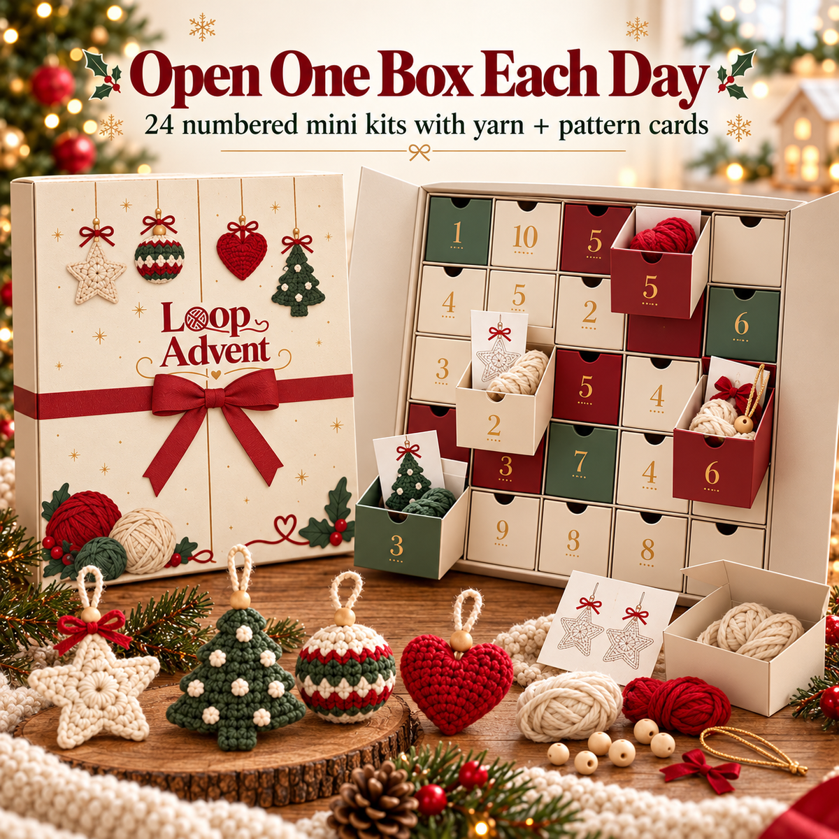 🎄 24-Day Crochet Christmas Advent Calendar™ – 24 Surprise DIY Ornament Kits to Make & Hang 🧶