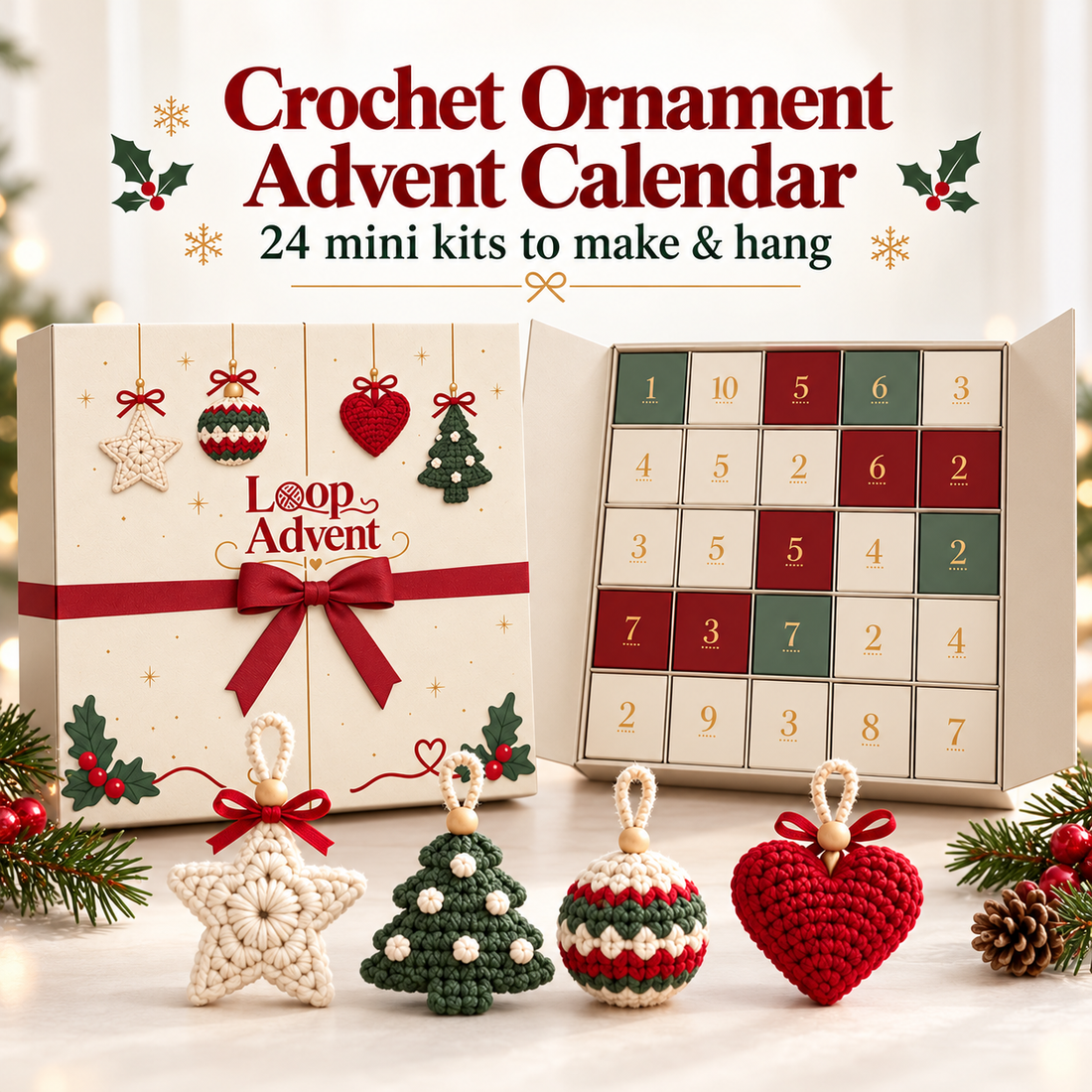 Crochet Christmas Advent Calendar gift box displayed with four finished ornaments on a festive tabletop