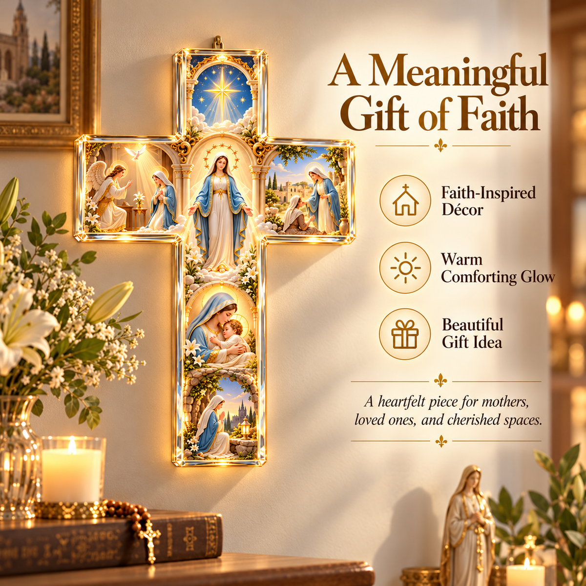 ✨ The Story of Mary in 6 Scenes™ – Illuminated Virgin Mary Cross Decor