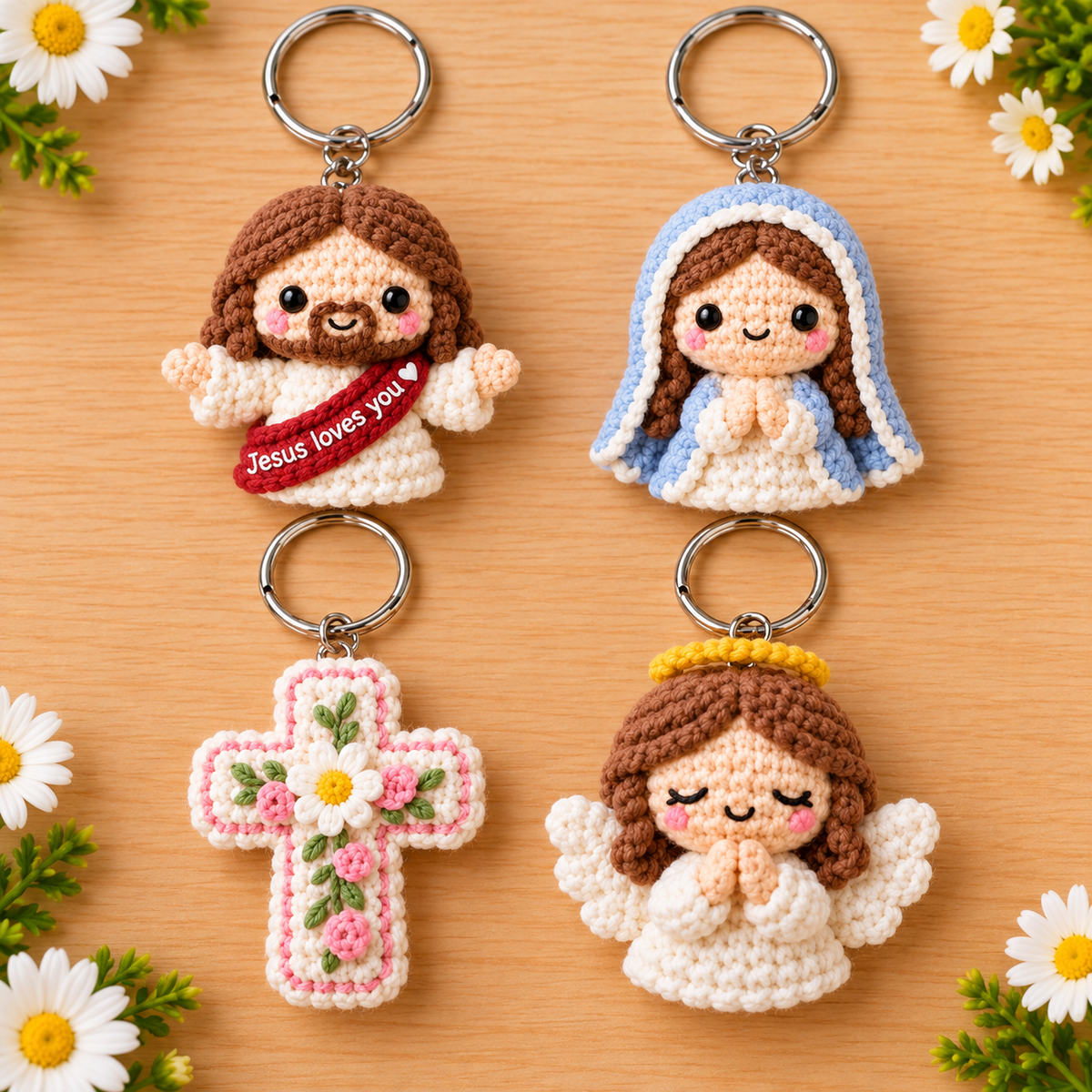 Four Christian crochet keychains featuring Jesus, Mary, floral cross and praying angel