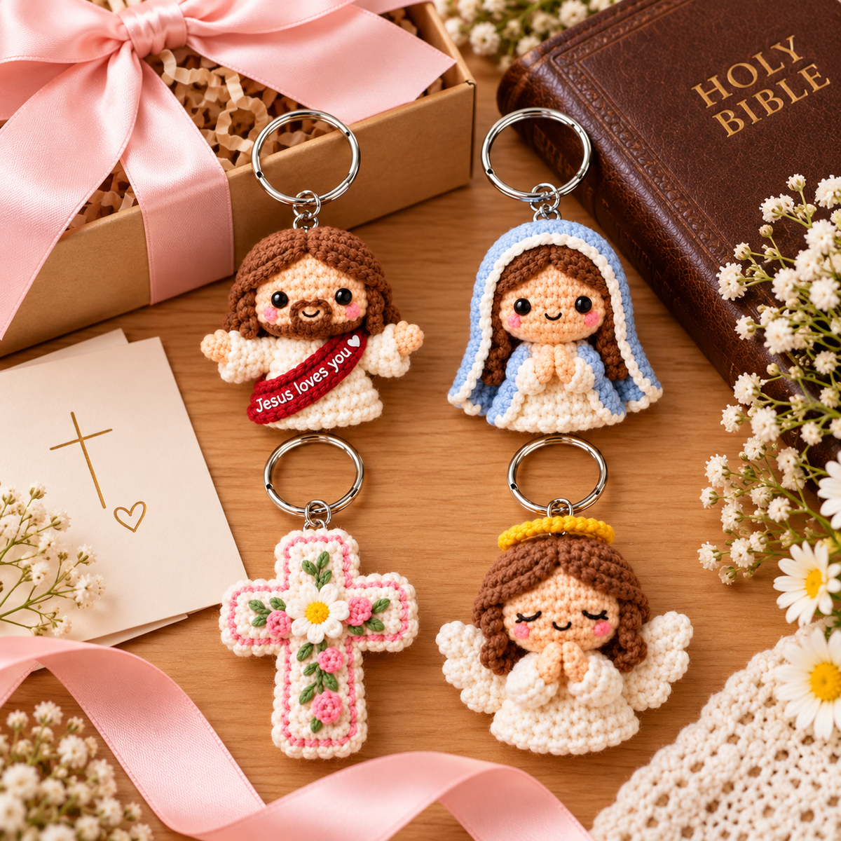 ✝️Christian Crochet Keychains – Jesus Loves You, Virgin Mary, Praying Angel & Floral Cross | Faith-Inspired Gifts