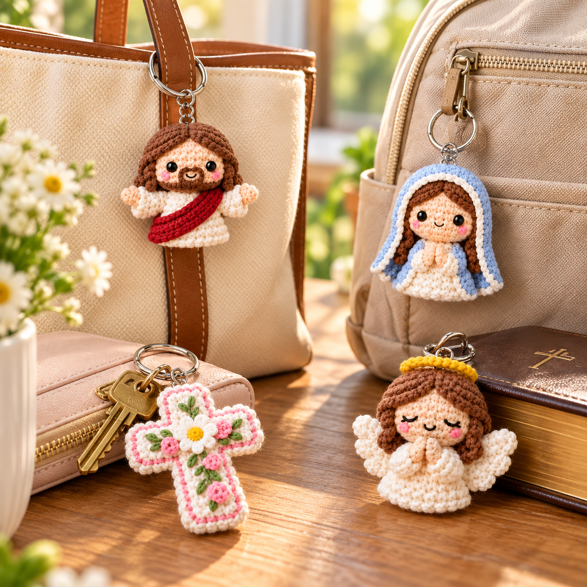 Christian crochet charms displayed on handbags backpacks and keys
