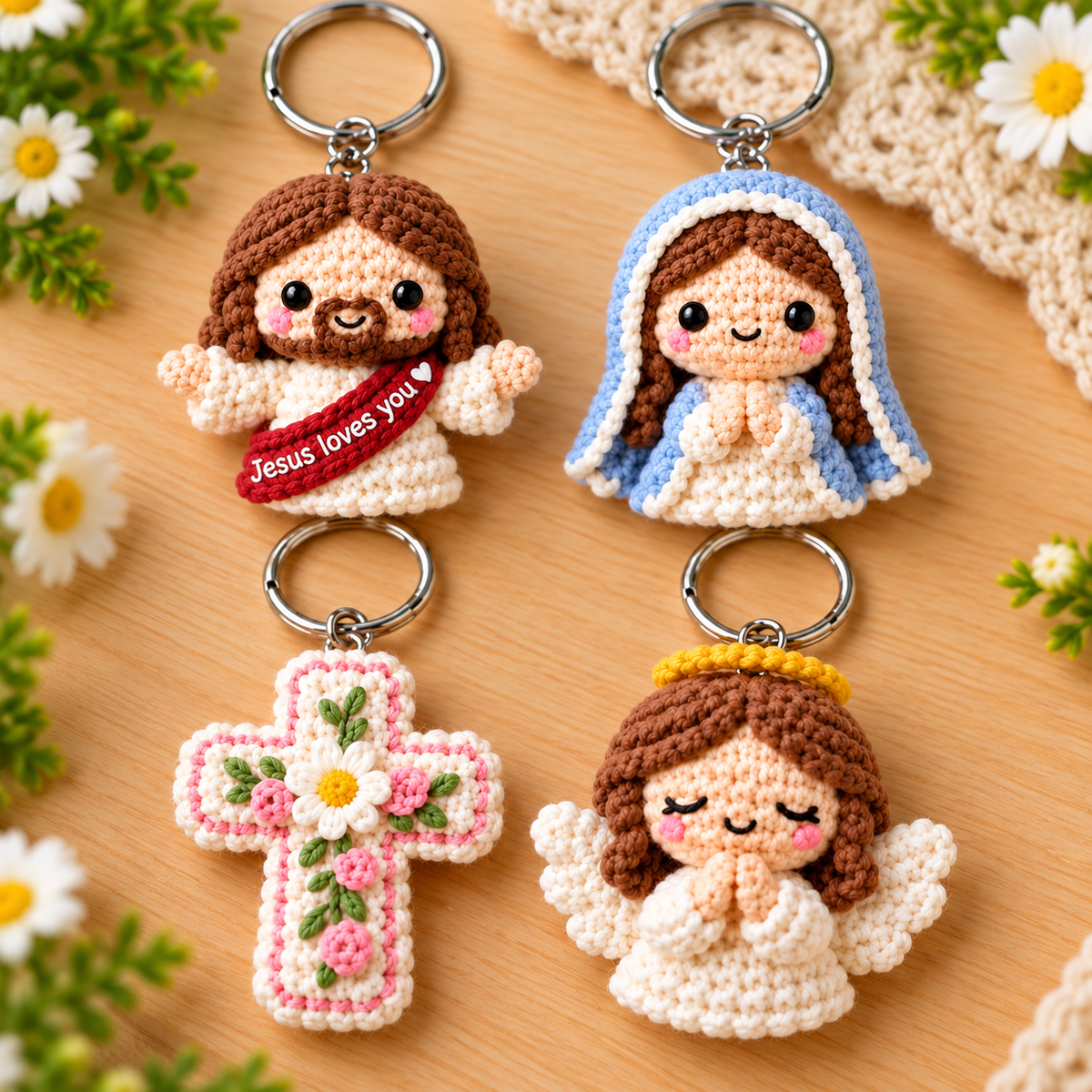 ✝️Christian Crochet Keychains – Jesus Loves You, Virgin Mary, Praying Angel & Floral Cross | Faith-Inspired Gifts