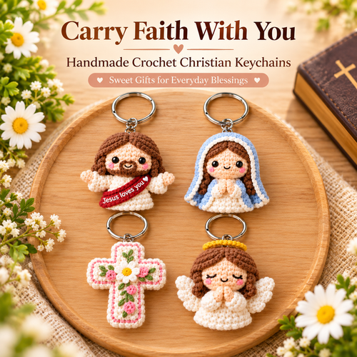 ✝️Christian Crochet Keychains – Jesus Loves You, Virgin Mary, Praying Angel & Floral Cross | Faith-Inspired Gifts