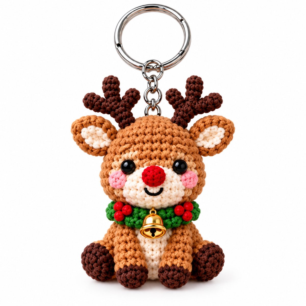 Detailed crochet reindeer with textured stitches red nose and bell