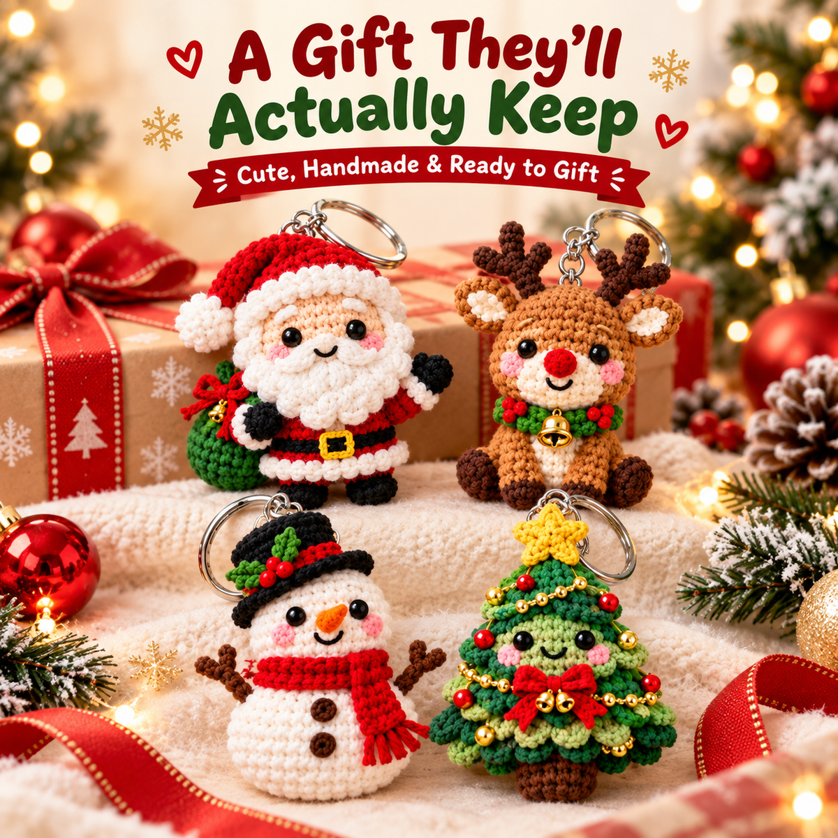 Four adorable Christmas crochet keychains styled as festive gifts