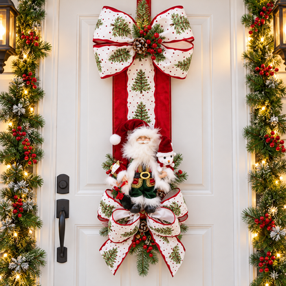 🎅 Christmas Santa & Snowman Door Swag – Oversized Christmas Bow with Festive Pine & Berry Accents | Holiday Front Door Decoration