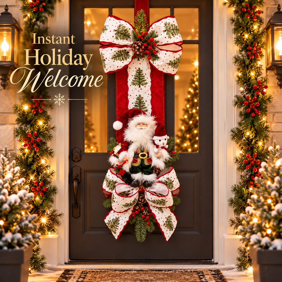 🎅 Christmas Santa & Snowman Door Swag – Oversized Christmas Bow with Festive Pine & Berry Accents | Holiday Front Door Decoration