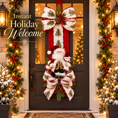 🎅 Christmas Santa & Snowman Door Swag – Oversized Christmas Bow with Festive Pine & Berry Accents | Holiday Front Door Decoration