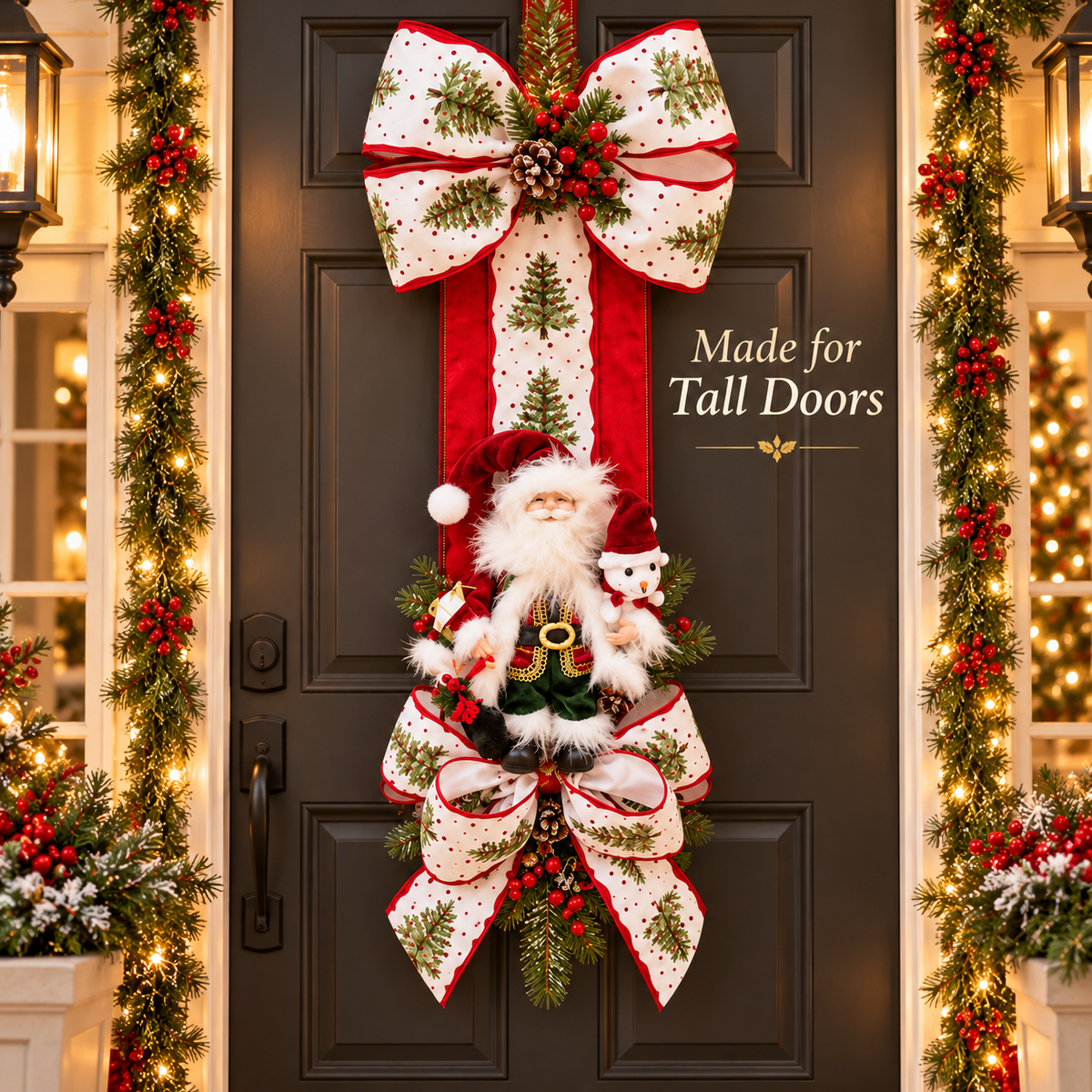 Tall red Christmas Santa and Snowman Door Swag displayed on a dark American front door