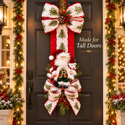 🎅 Christmas Santa & Snowman Door Swag – Oversized Christmas Bow with Festive Pine & Berry Accents | Holiday Front Door Decoration