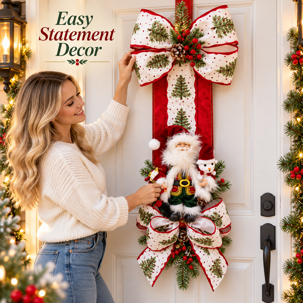🎅 Christmas Santa & Snowman Door Swag – Oversized Christmas Bow with Festive Pine & Berry Accents | Holiday Front Door Decoration