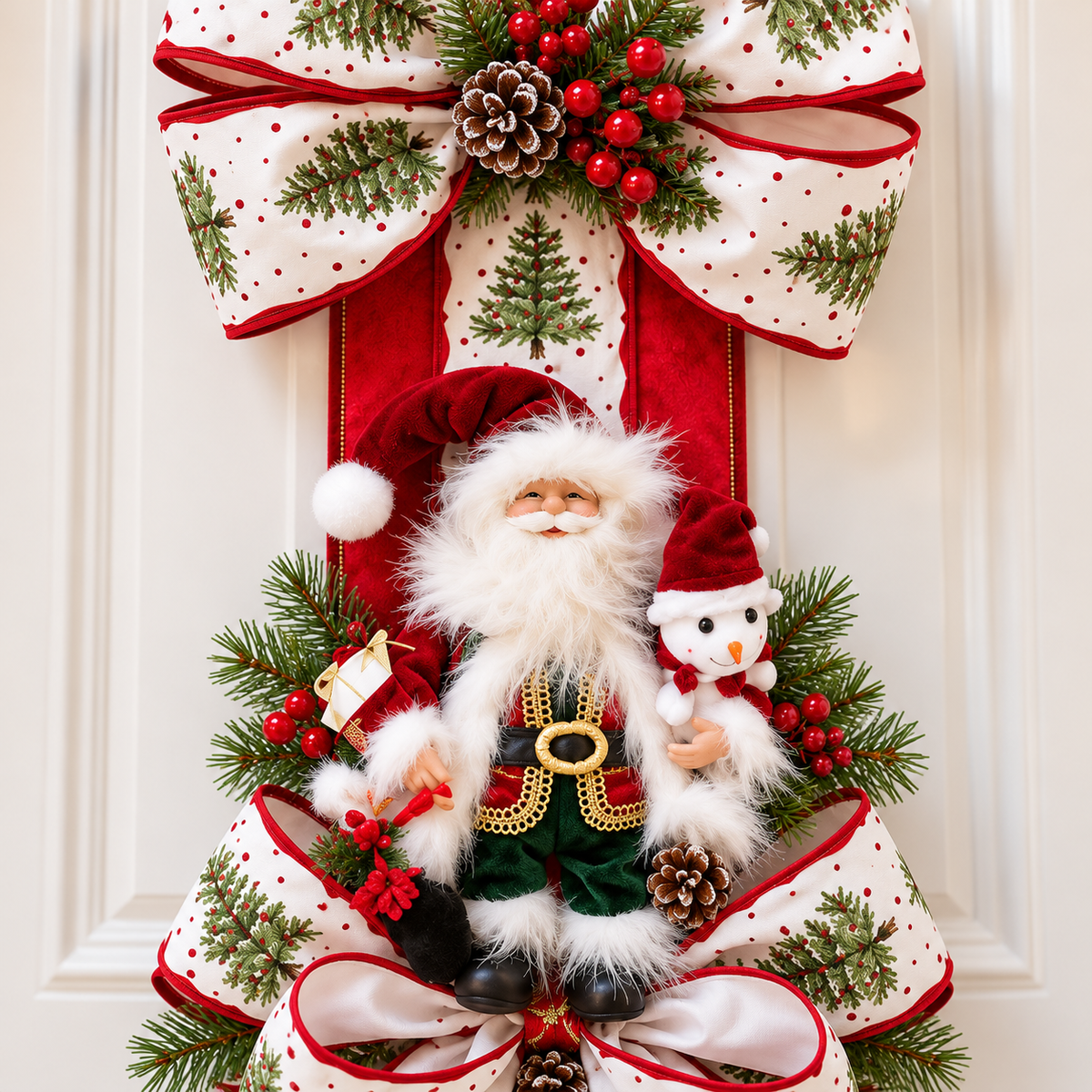 Close-up details of Santa, snowman, pine branches, red berries, pinecones and Christmas bows