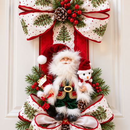 🎅 Christmas Santa & Snowman Door Swag – Oversized Christmas Bow with Festive Pine & Berry Accents | Holiday Front Door Decoration