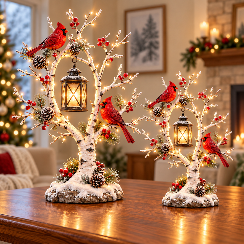 Cardinal winter lantern trees with snowy birch branches
