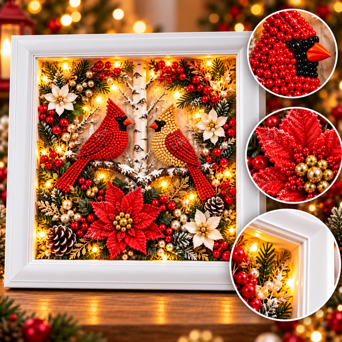Magnified details of cardinal shadow box including textured red beads, poinsettia and shadow box depth