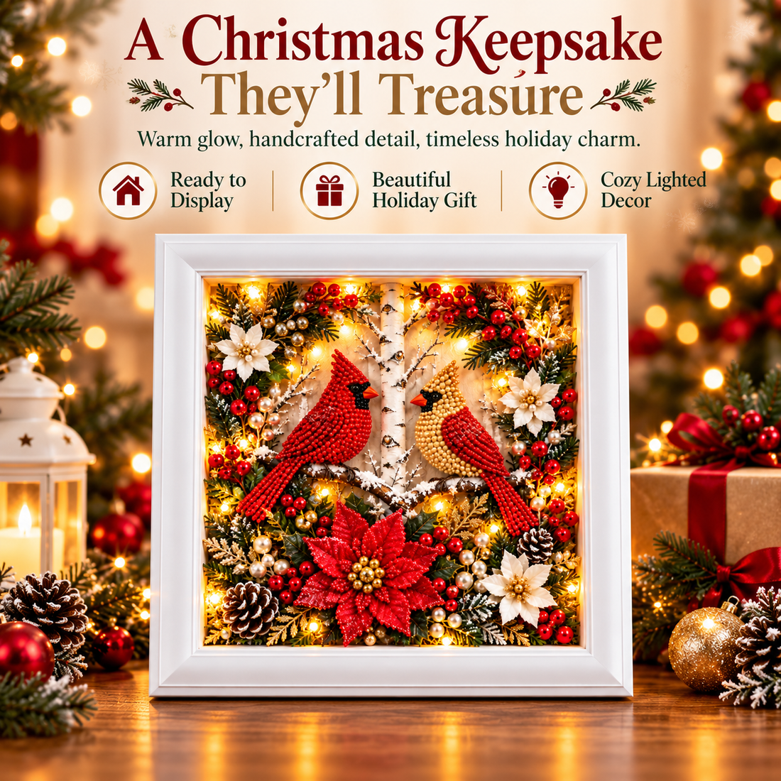 Christmas cardinal framed keepsake presented as a meaningful holiday gift