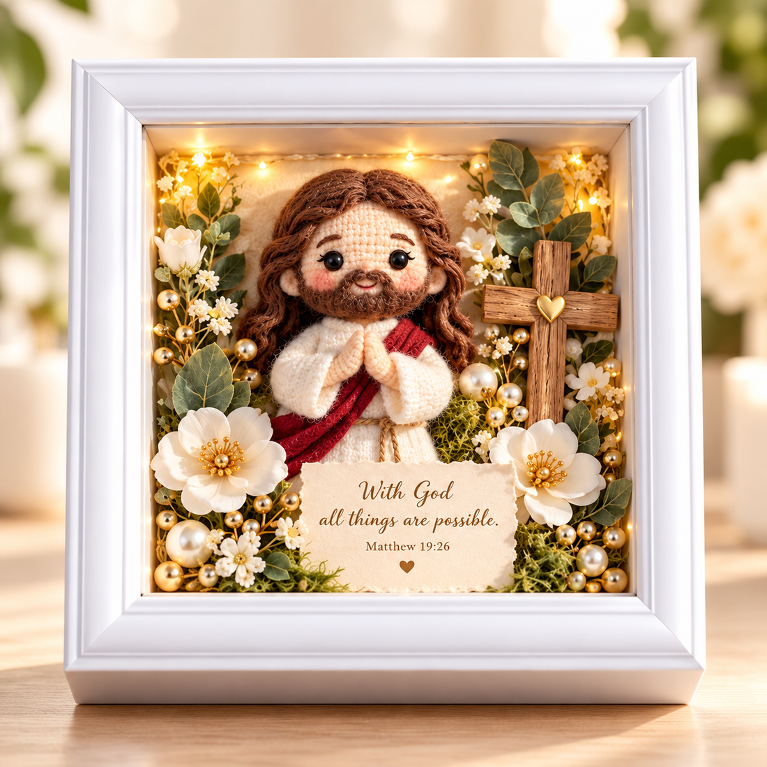 Jesus Blessing white Christmas shadow box featuring Jesus in prayer beside a cross with flowers