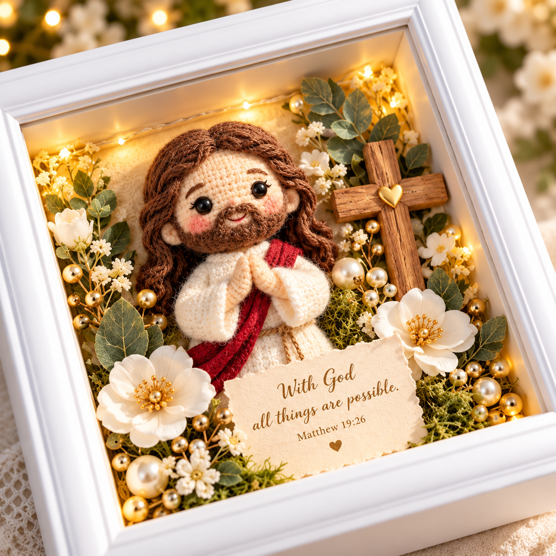 Close-up of crocheted-style Jesus figure, wooden cross, white flowers and scripture inside shadow box