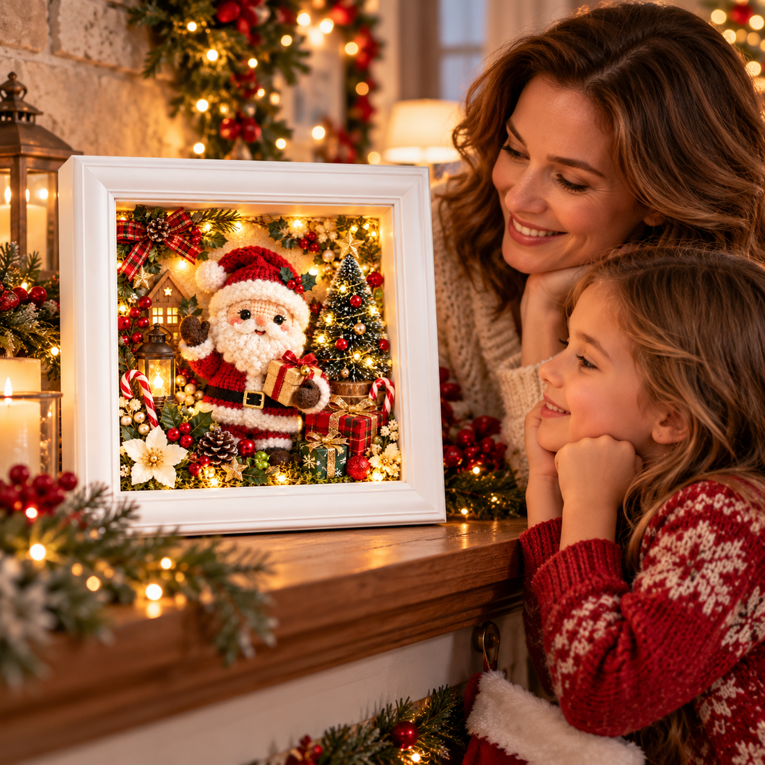 Mother and daughter smiling at the Santa Christmas shadow box in a warmly decorated home