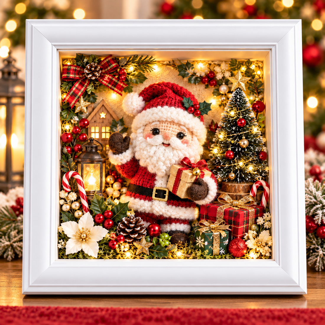 Santa Christmas magic shadow box showing a plush-style Santa with a present, miniature tree and decorations