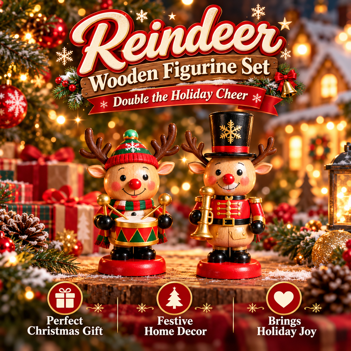 Christmas Reindeer Wooden Figurine Set